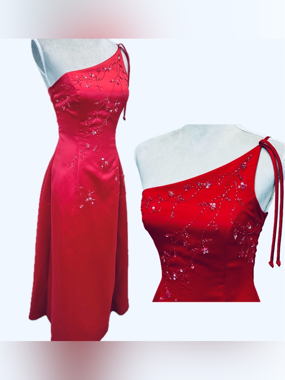 Vintage Red Satin Prom Dress 3 / 4 Evening Gown One Shoulder Bead Glam Fairy Y2K